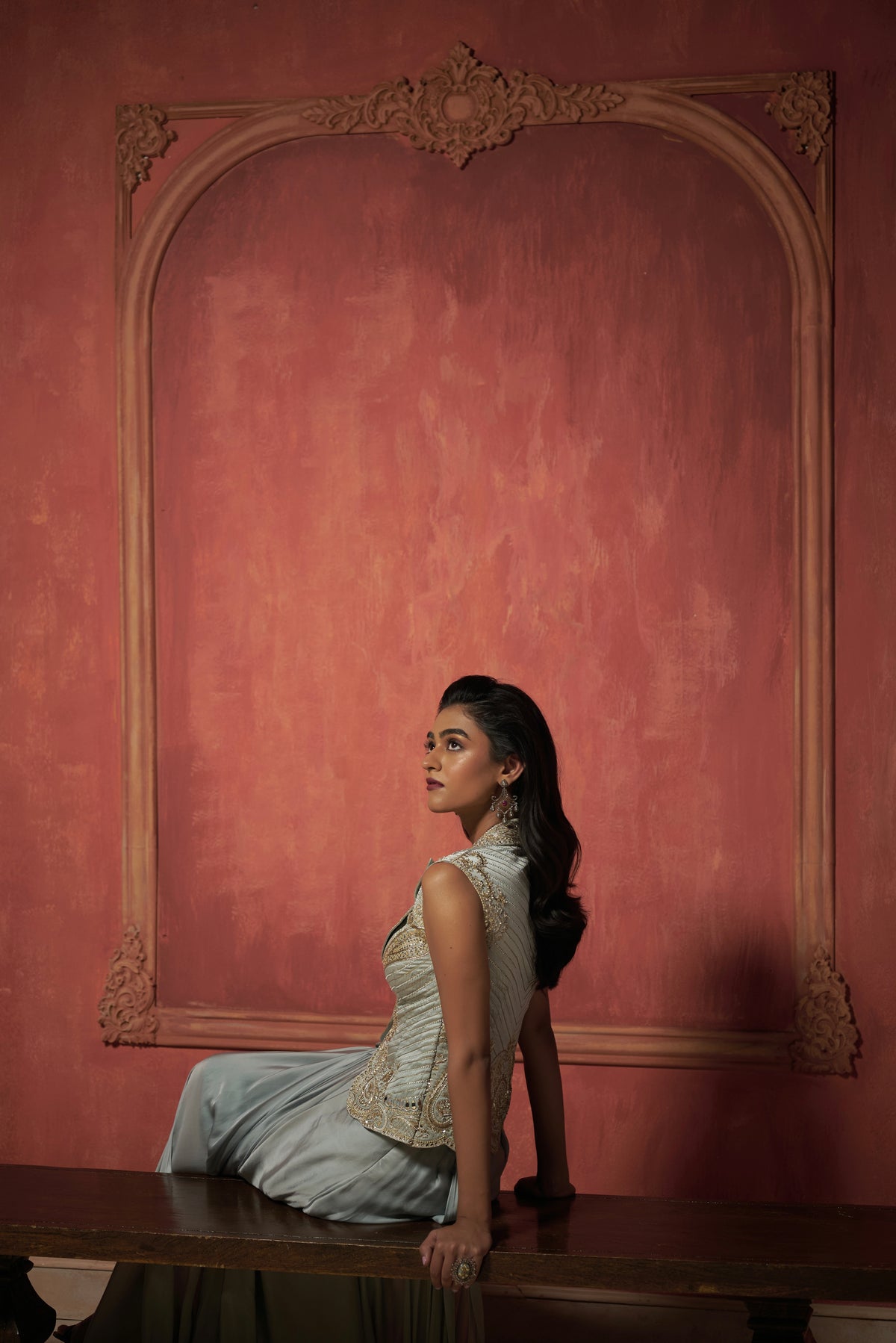 ICE BLUE WAISTCOAT WITH DRAPE SKIRT