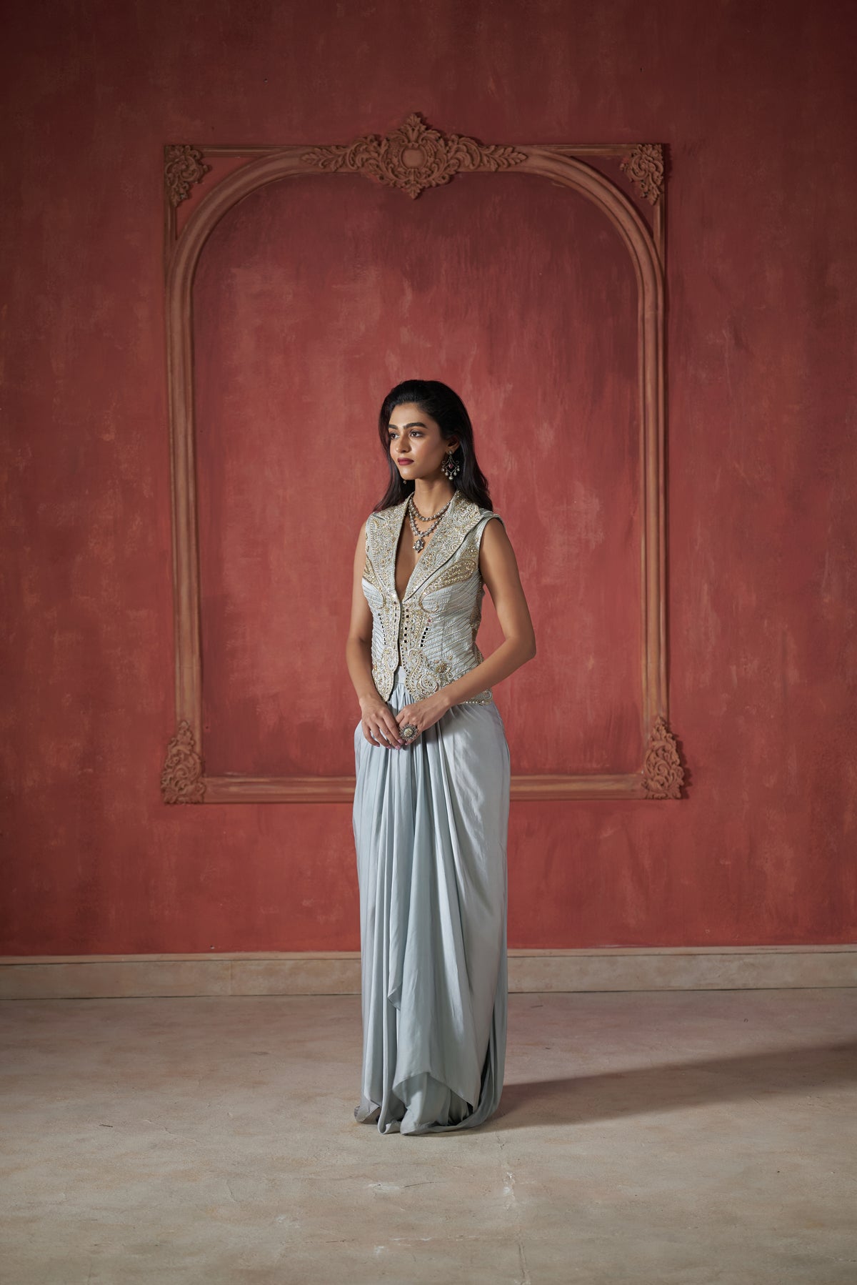 ICE BLUE WAISTCOAT WITH DRAPE SKIRT
