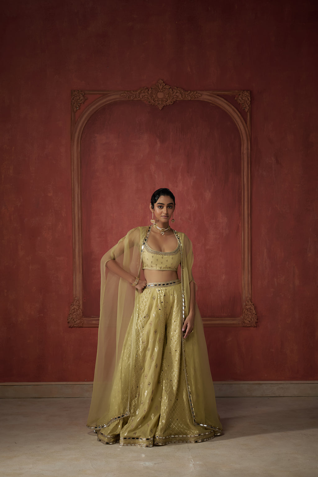 GREEN ORGANZA CAPE WITH SHARARA SET