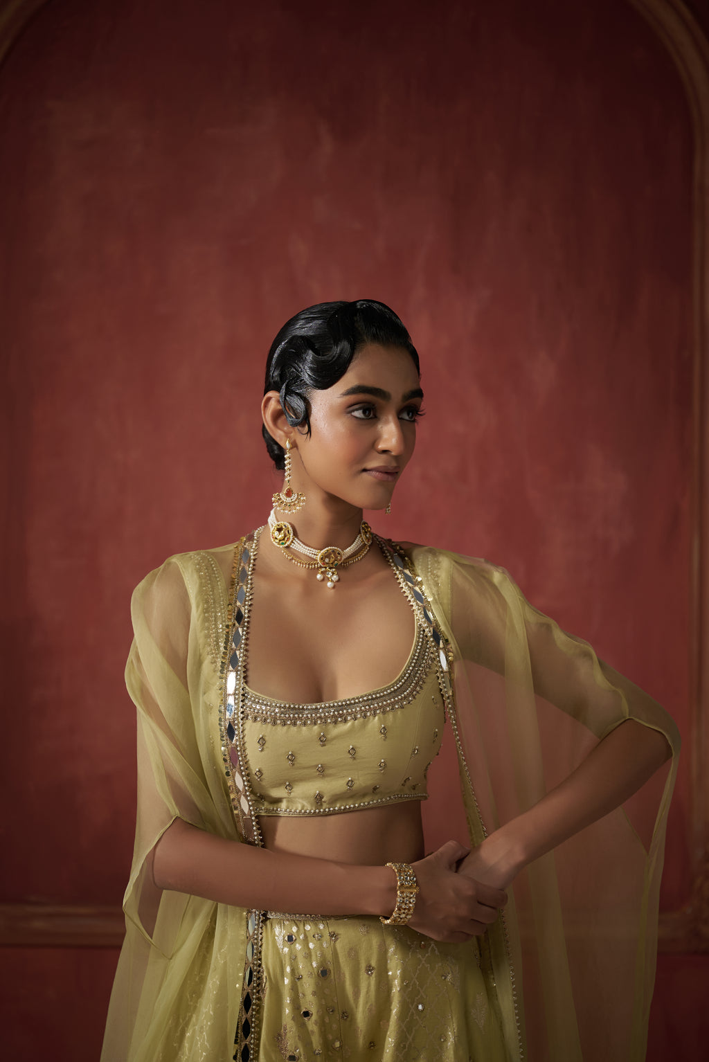 GREEN ORGANZA CAPE WITH SHARARA SET