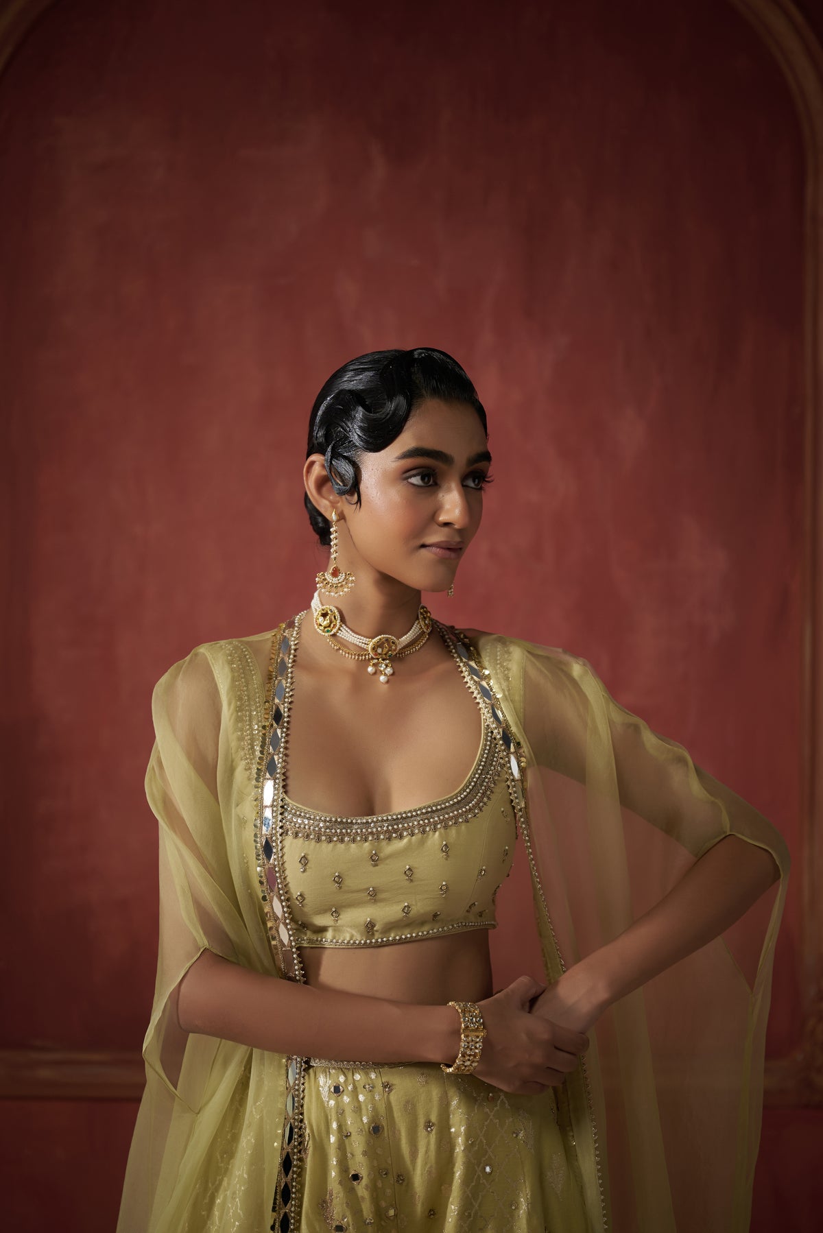GREEN ORGANZA CAPE WITH SHARARA SET