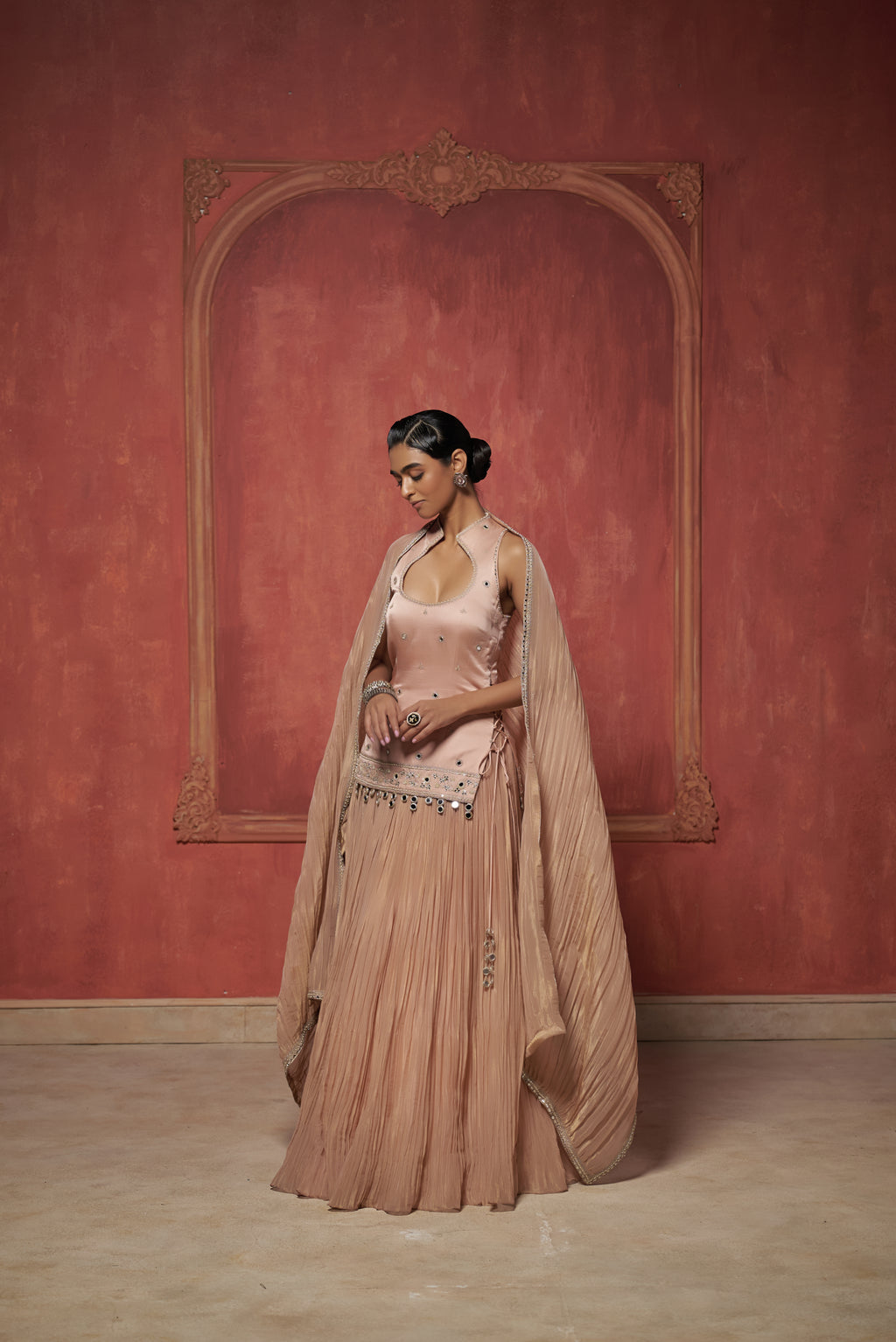 BLUSH PINK CRUSHED LEHENGA SET