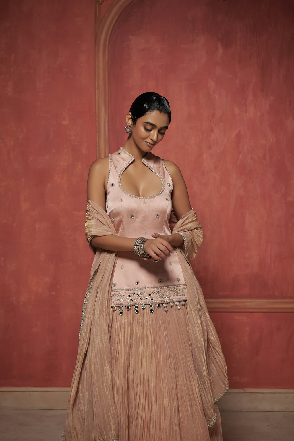 BLUSH PINK CRUSHED LEHENGA SET