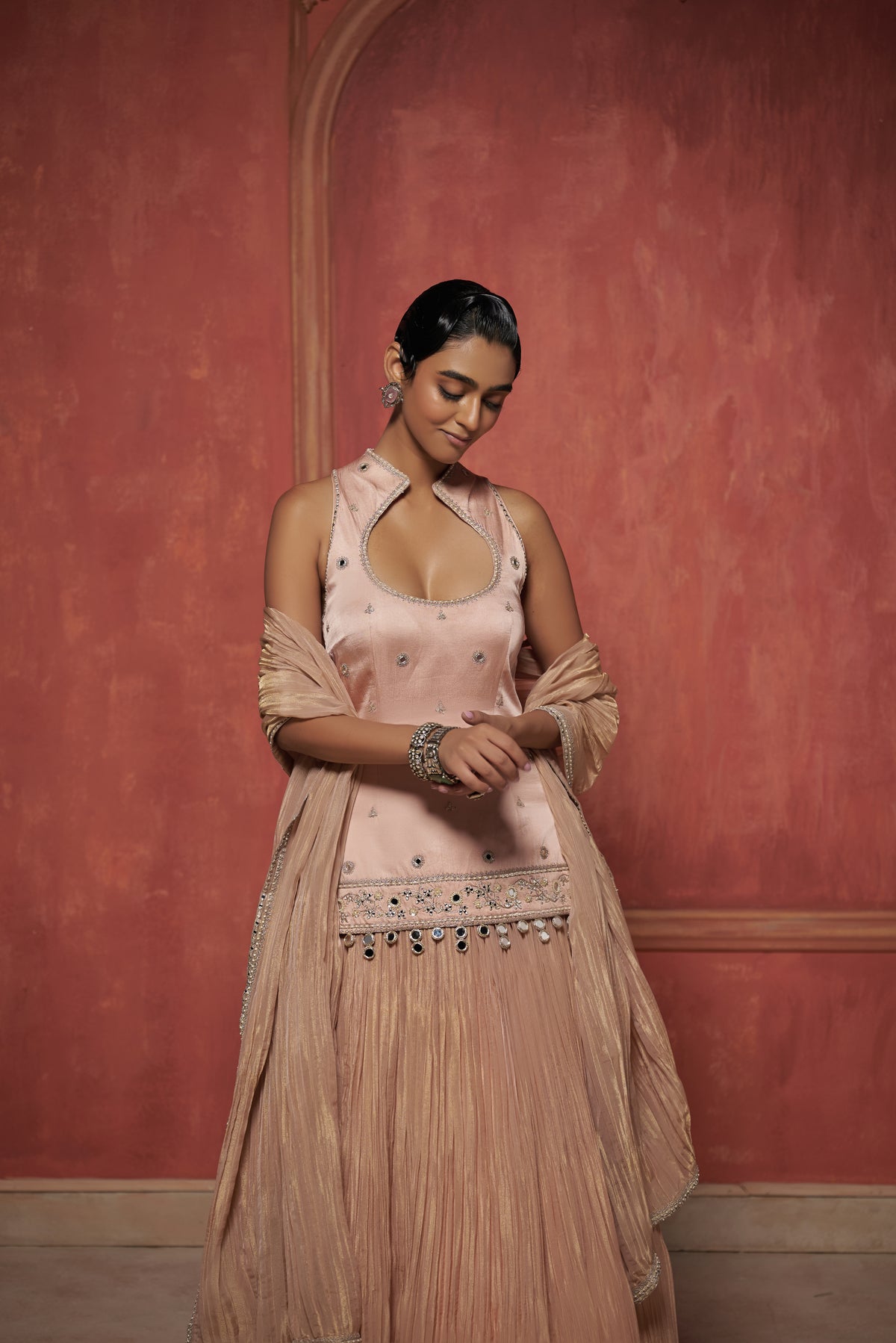 BLUSH PINK CRUSHED LEHENGA SET