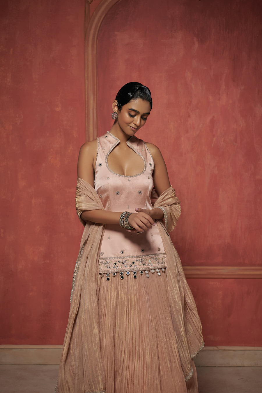 BLUSH PINK CRUSHED LEHENGA SET