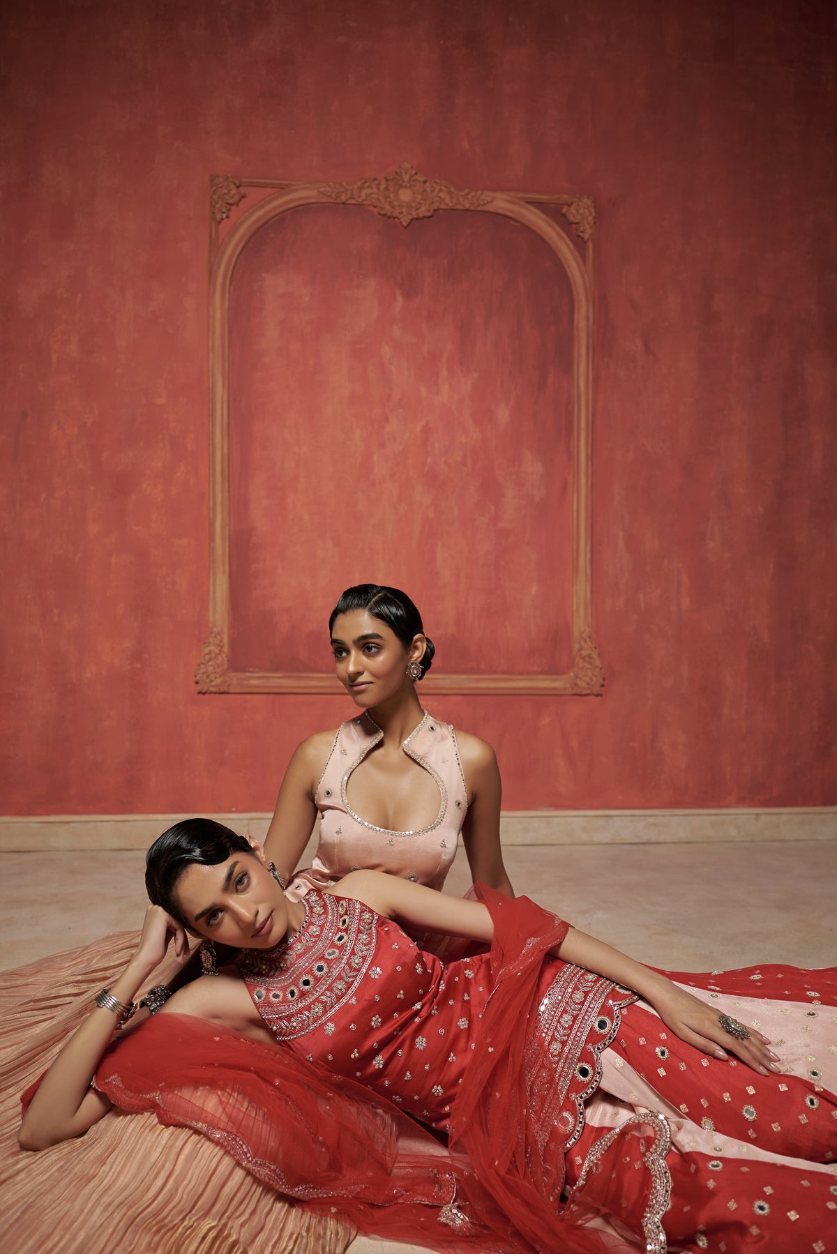 RED KURTA WITH DUAL KALI SHARARA SET
