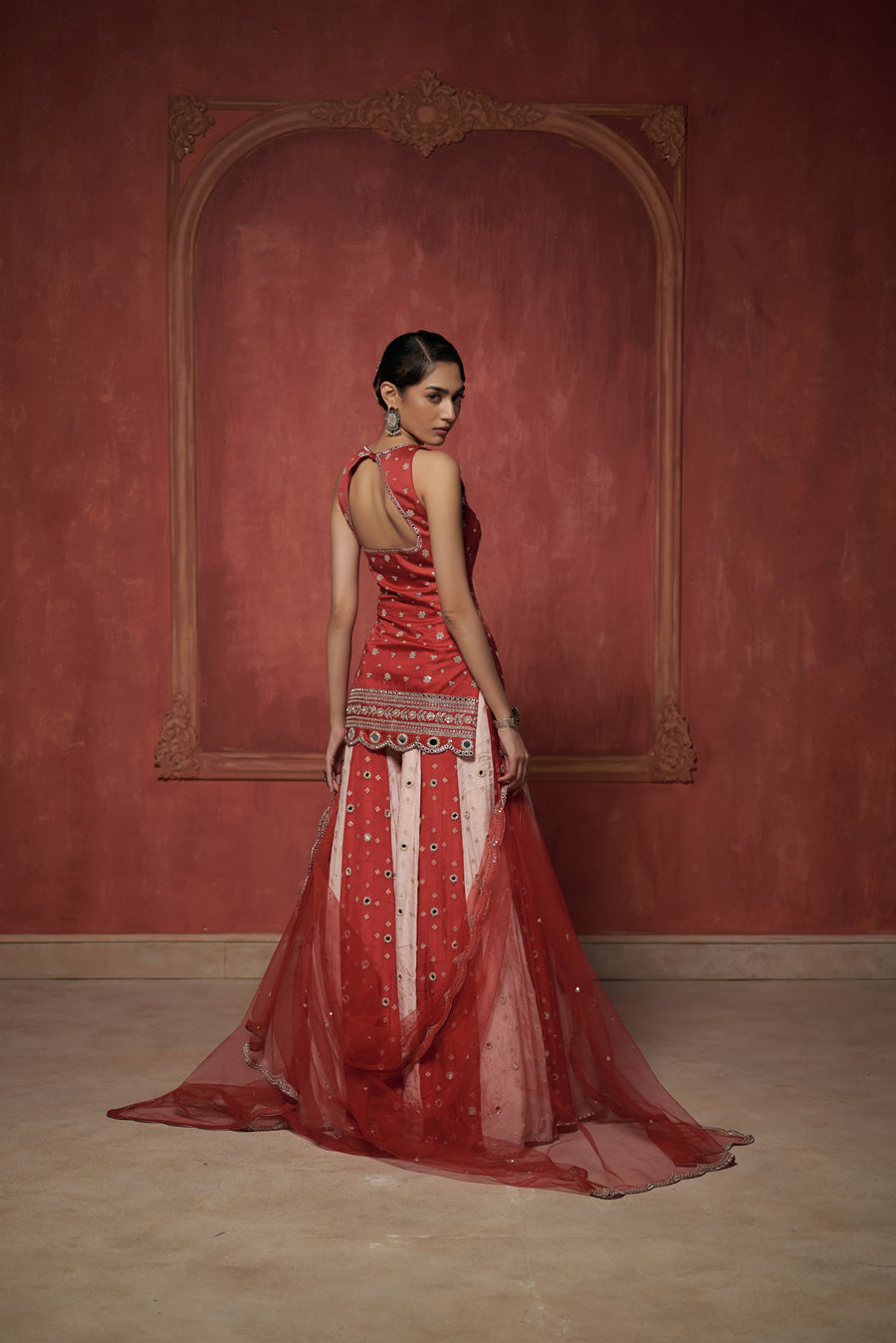 RED KURTA WITH DUAL KALI SHARARA SET